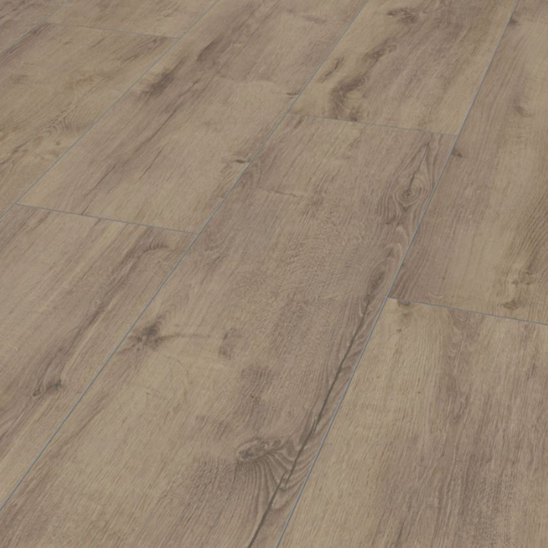Advanced Plus Welsh Oak Grey 4619 -laminaatin harmaanruskea tammikuosi, oksakuviot ja nelisivuisesti viistetyt leveät lankut lähikuvassa.
