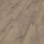 Advanced Plus Welsh Oak Grey 4619 -laminaatin harmaanruskea tammikuosi, oksakuviot ja nelisivuisesti viistetyt leveät lankut lähikuvassa.